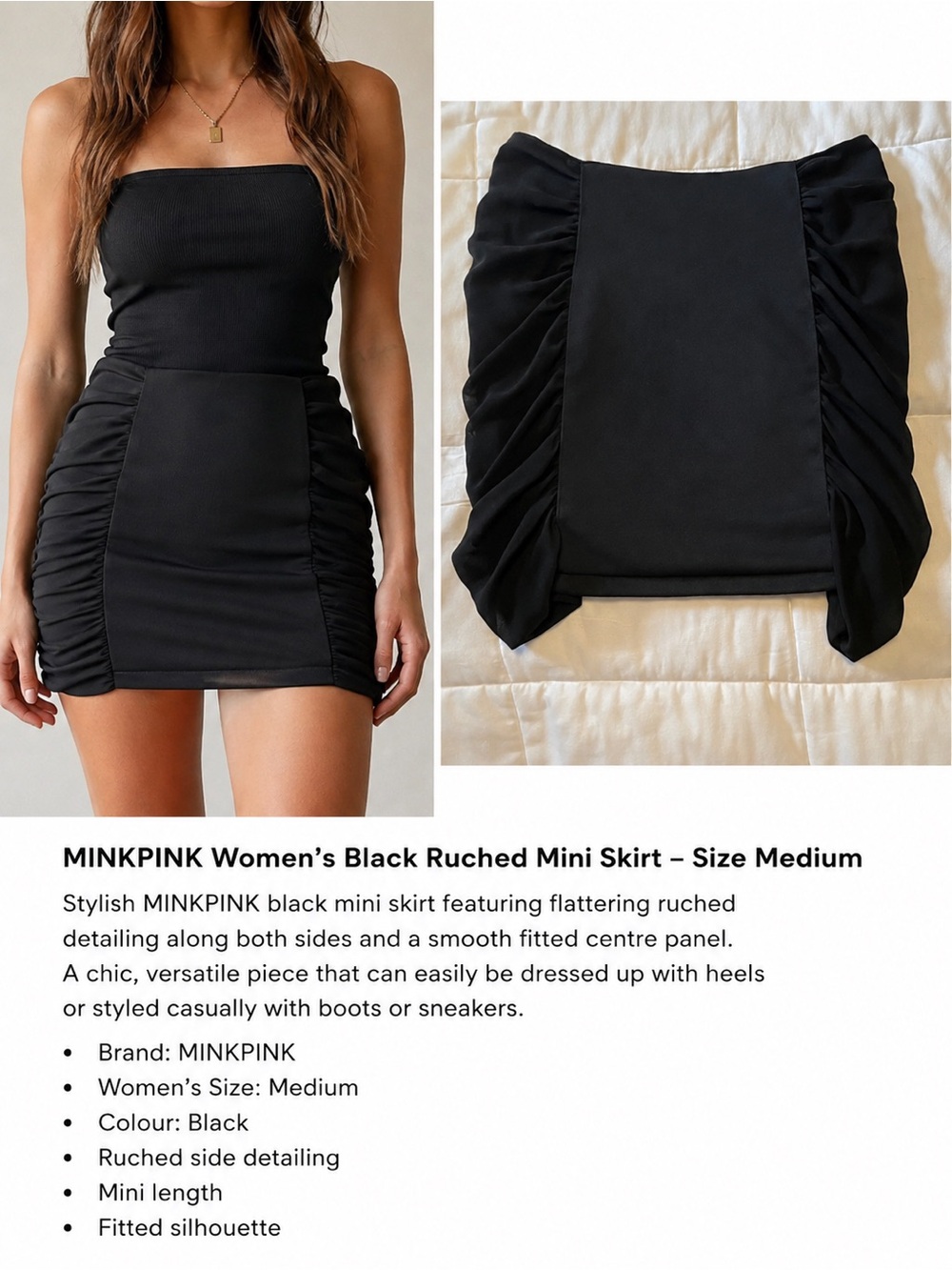 MINKPINK Women’s Black Ruched Mini Skirt – Size Medium